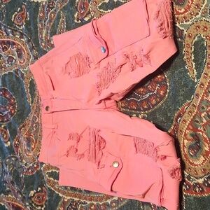 Coral color distress cargo high rise jeans